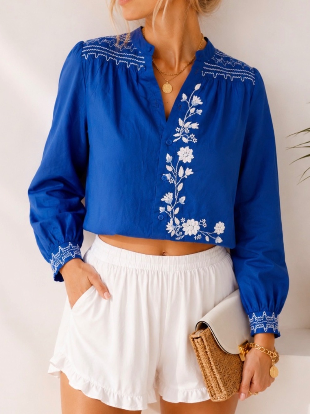 XS - ZARA blue and white embroidered crop shirt
